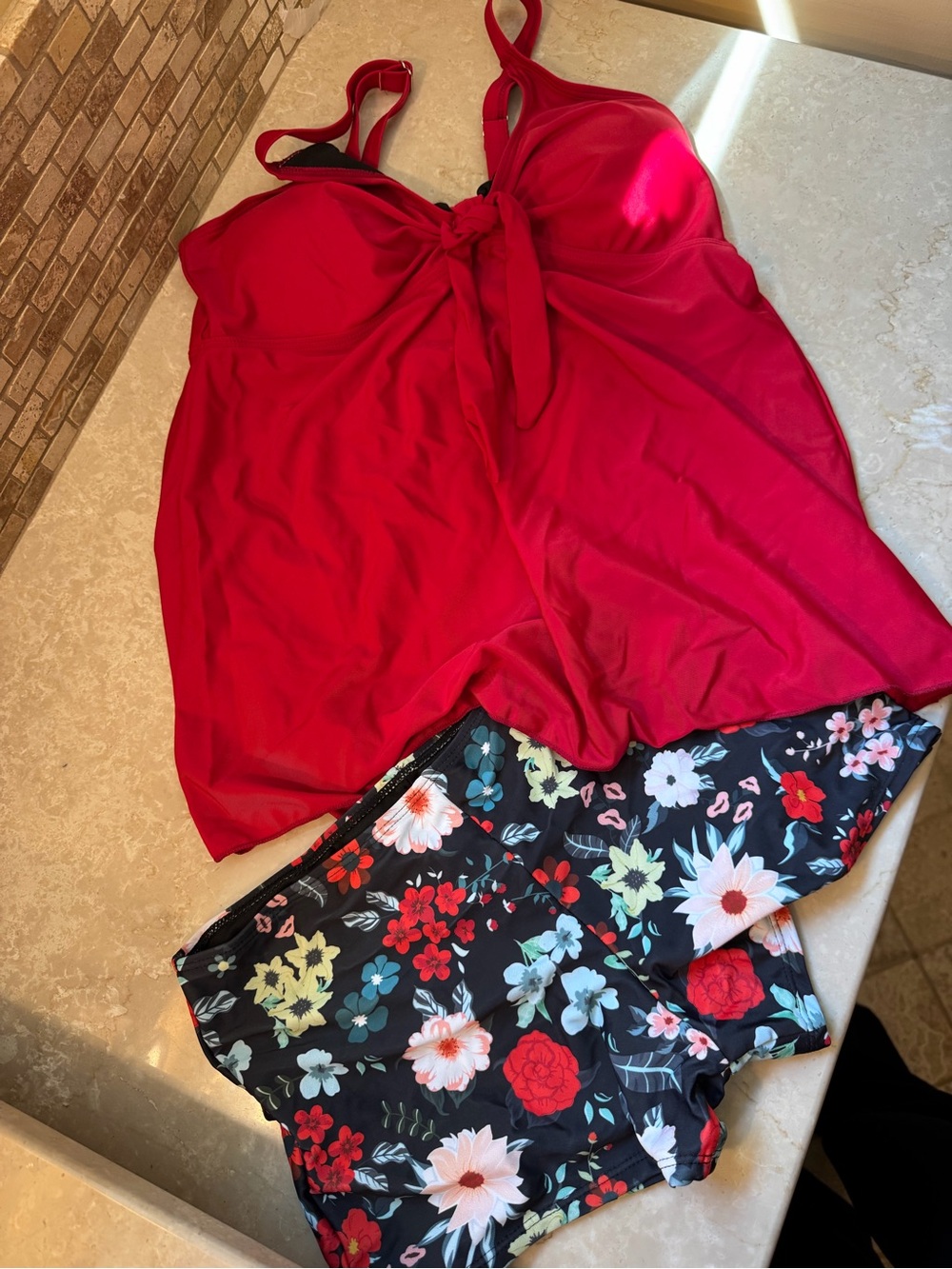 Amazon Red Tankini Top with Black Floral Swim Bottoms
